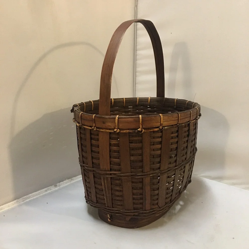 Woven Bamboo Basket Home Decor Brown Oval Footed Handle 9.5in Rustic Bohemian